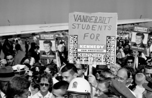 A Vanderbilt student shows his support for Senator John Kennedy at Nashville airport on September 21, 1960.