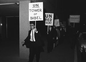 Protestors demonstrate against the United Nations and the October 1963 visit to Dallas by Adlai Stevenston.