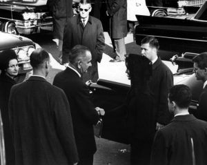 President Lyndon B. Johnson speaks with Jacqueline Kennedy on the day of President Kennedy's funeral.