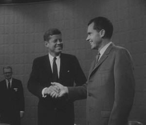 Senator John F. Kennedy shakes hands with Vice President Richard Nixon before the presidential debate in September 1960.