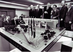 Architect I.M. Pei and others inspect a model of the new Dallas City Hall.