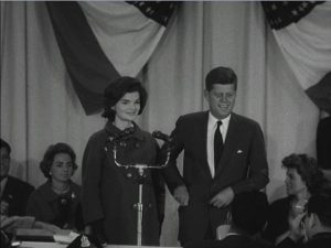 Following his victory in the 1960 election, President-elect Kennedy makes his acceptance speech at the Hyannis Armory on November 9, 1960. NOTE: Frame grab from the Hearst Movietone newsreel "The Election of John F. Kennedy," USIA