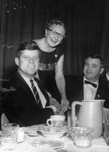 Senator John F. Kennedy is shown with supporters at a fundraising dinner at the Second District Democratic rally in Lafayette, Indiana on April 7, 1960.