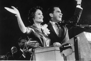 Vice President Richard Nixon and his wife Pat wave to the crowd following a campaign speech at the 1960 Republican National Convention in Chicago.